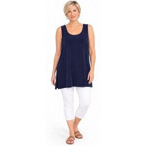 Chico's Travelers 3 L 12 14 Navy Blue Sleeveless Extra Long Stretch Tunic Top